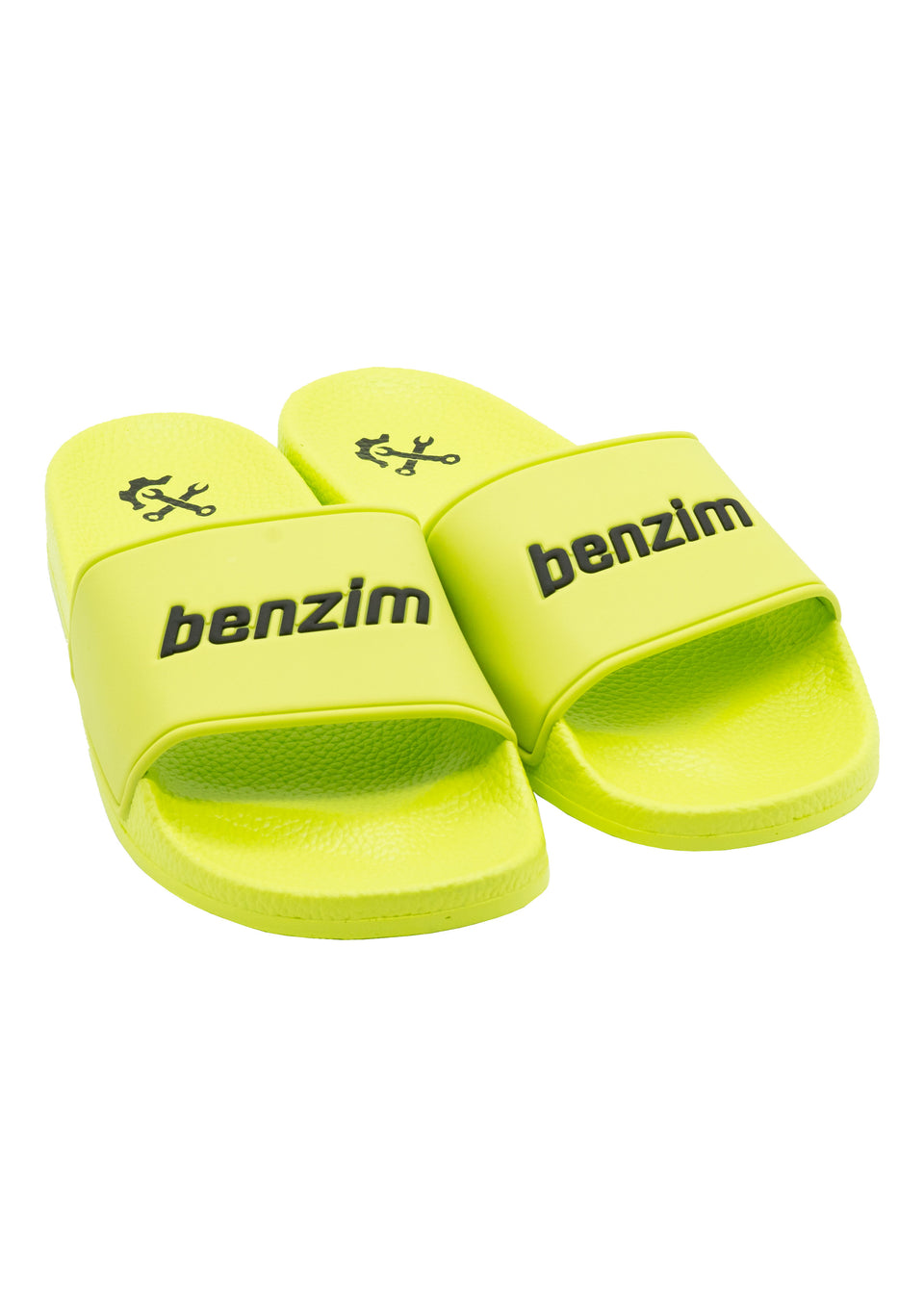 benziletten, neongelbe Badeschlappen mit benzim-Logo